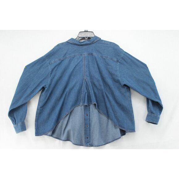 VTG Bonnie Strauss Blue Top womens Large High Low Y2K Hip Hop Long Sleeve Snap - Picture 3 of 7
